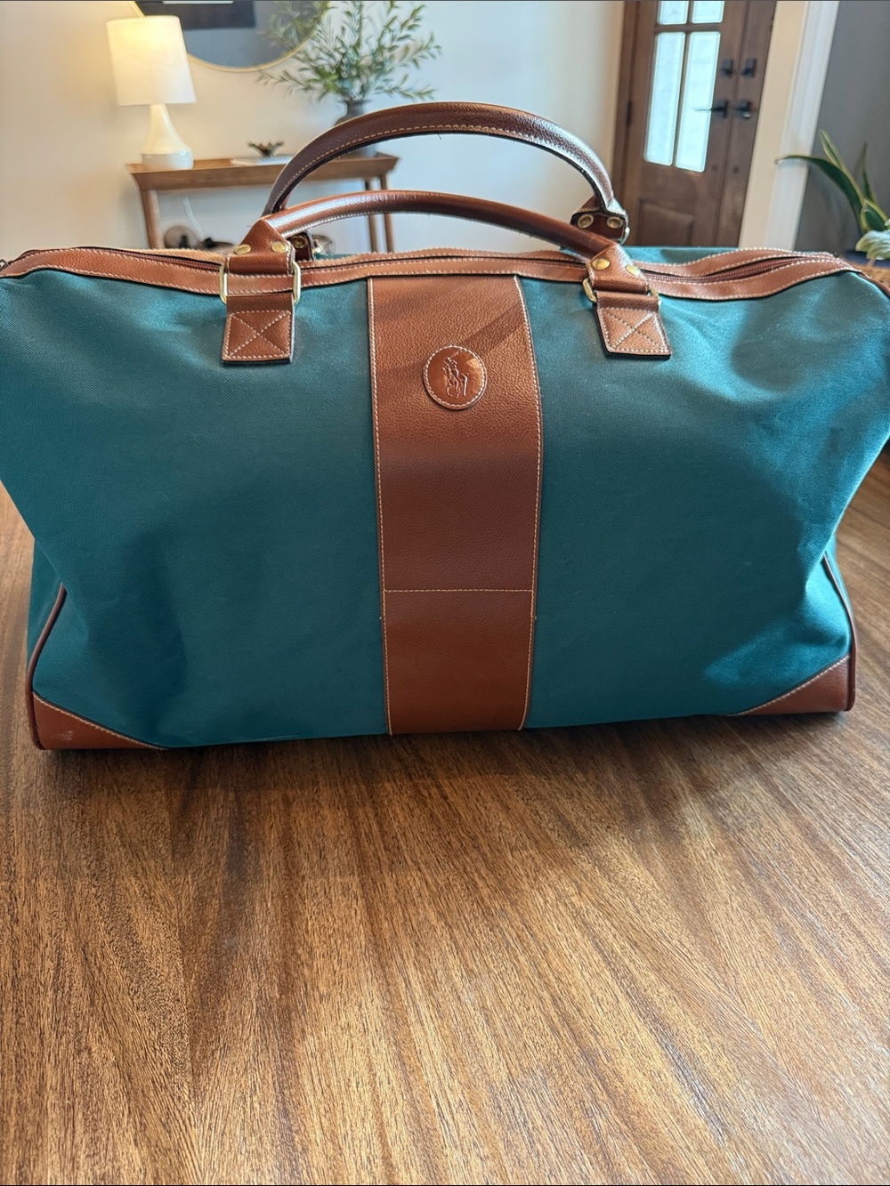 Vintage Ralph Lauren weekend duffle bag hunter green with faux leather accents